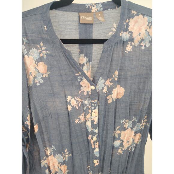 Chico's Blouse Top 1 M Floral Print Button Front Tab Sleeve Boho Blue Peach - Picture 6 of 9